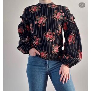 HM Black Floral Pinstripe Mock Neck Puff Sleeve Blouse Size 14 Romantic Goth